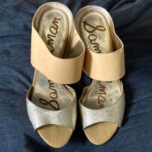 Sam Edelman Scotti tan and gold high heel sandals Size 8M a few marks